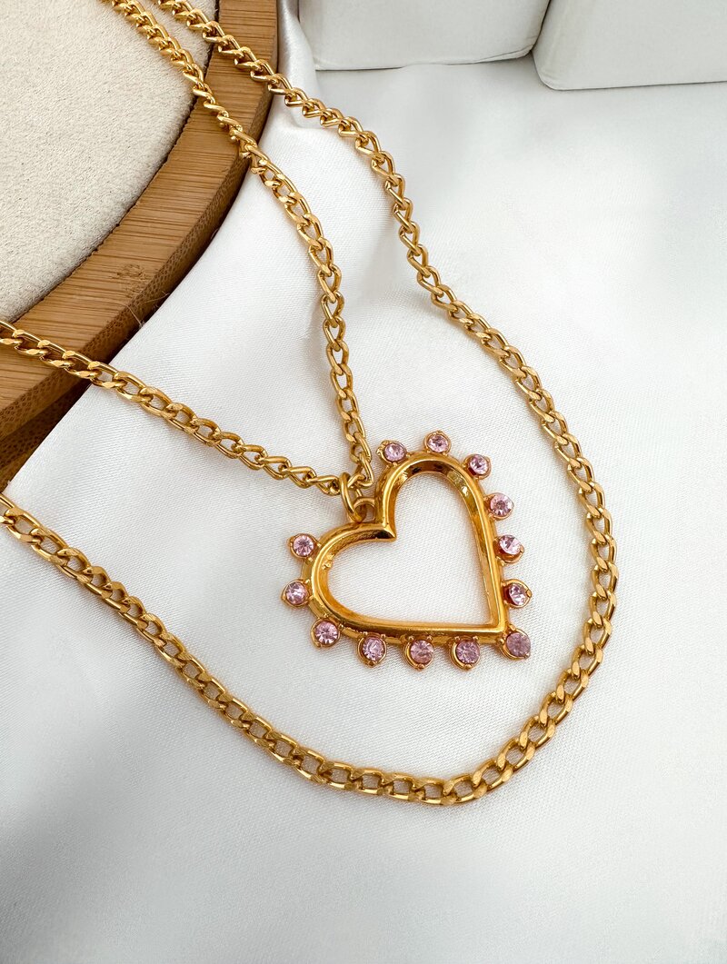 Colar Duplo Folheado a Ouro 18k Coração Vazado com Zircônias