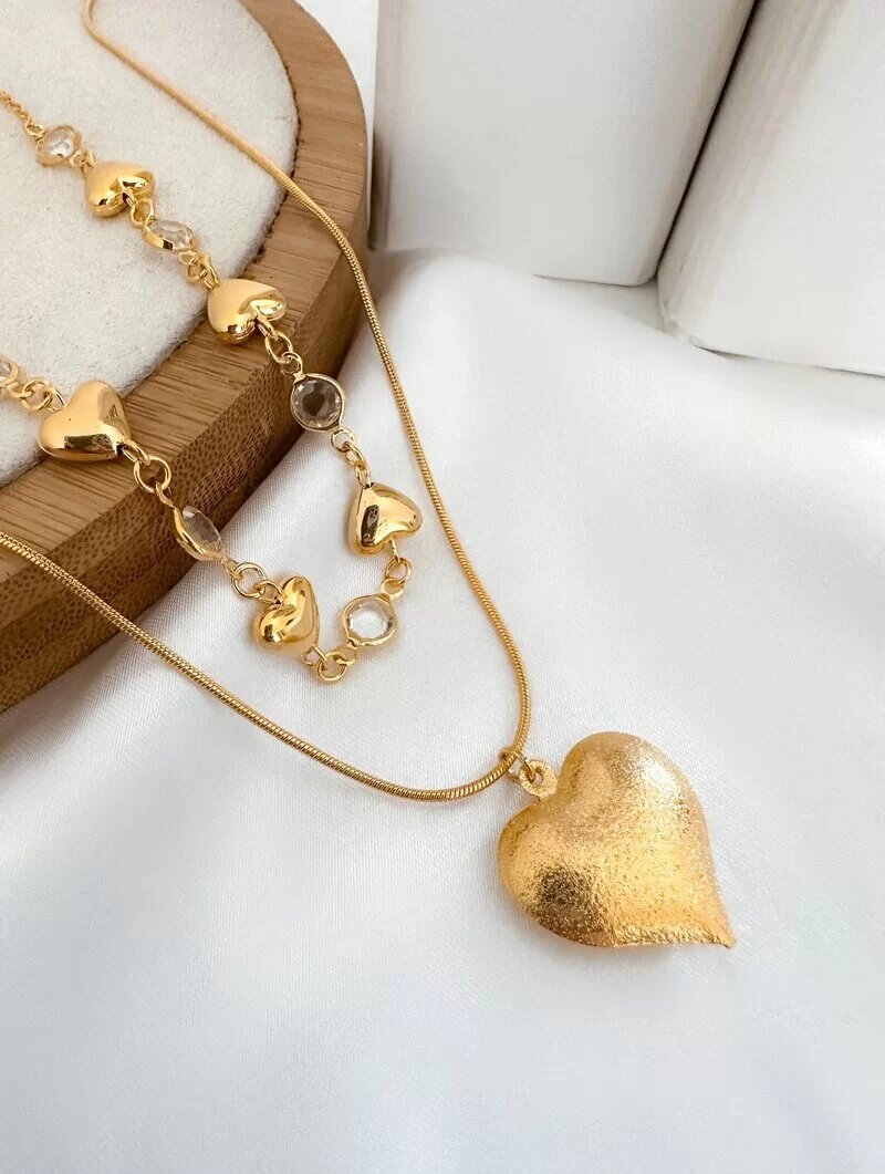 Colar Duplo Folheado a Ouro 18k Corações com Zircônias