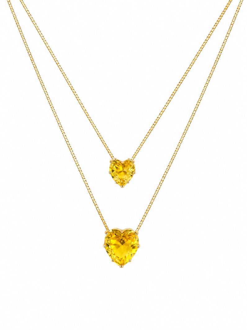Colar Duplo Folheado a Ouro 18K Corações de Cristal Amarelo