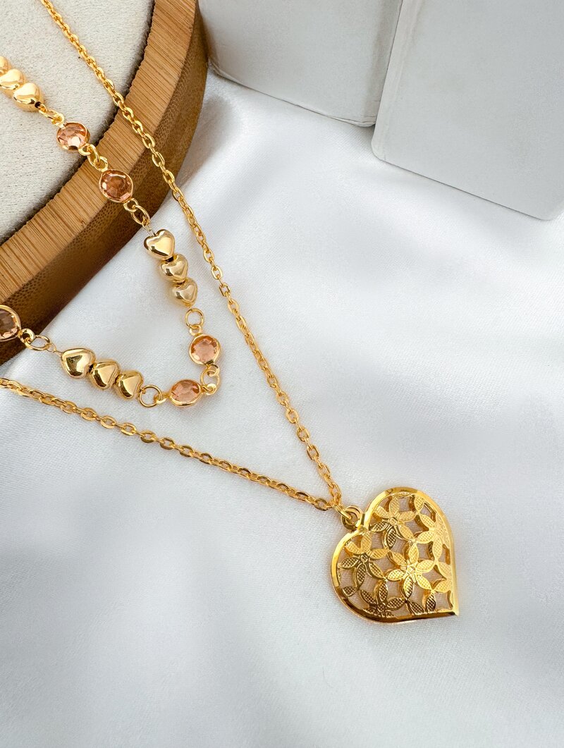 Colar Duplo Folheado a Ouro 18k Corações Lisos com Zircônias e Pingente