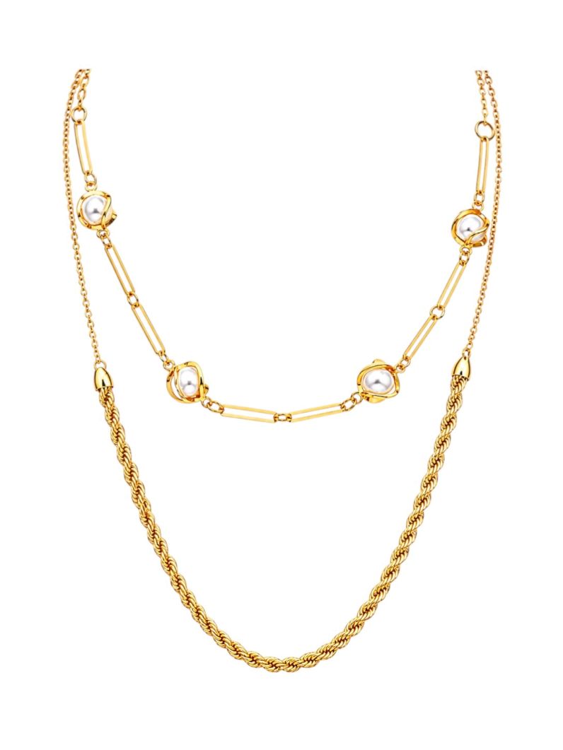 Colar Duplo Folheado a Ouro 18k Cordão Baiano Com Pérolas