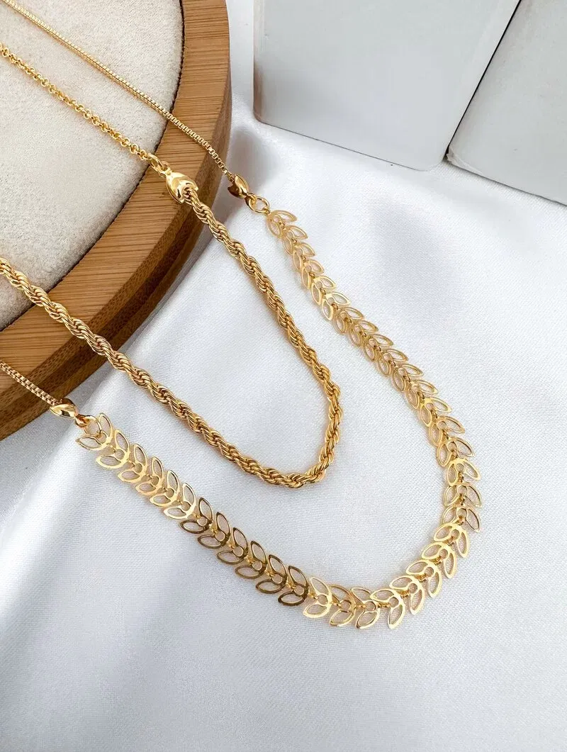 Colar Duplo Folheado a Ouro 18k Cordão Baiano e Escamas