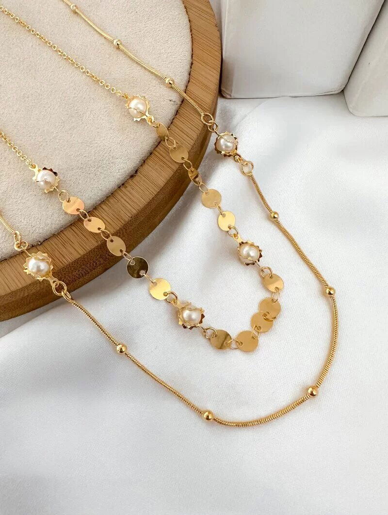 Colar Duplo Folheado a Ouro 18k Cordão Liso com Esferas e Pérolas