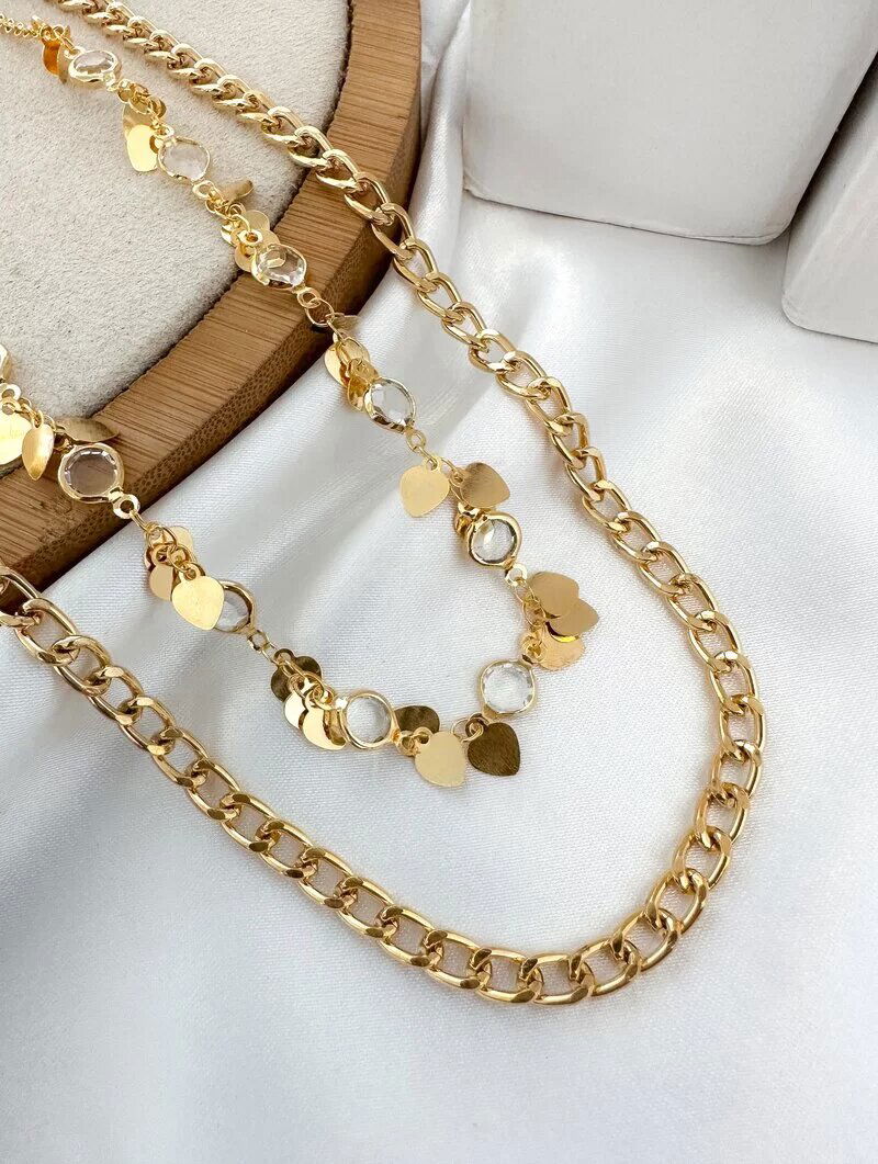 Colar Duplo Folheado a Ouro 18k Correntaria com Zircônias