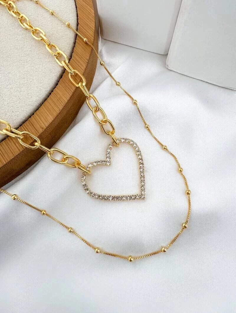 Colar Duplo Folheado a Ouro 18k Corrente com Coração Cravejado
