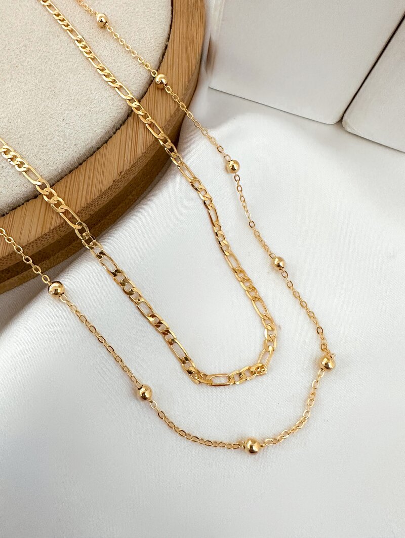 Colar Duplo Folheado a Ouro 18k Corrente com Esferas Lisas