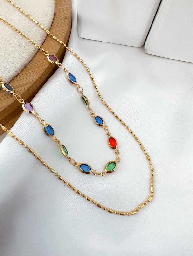 Colar Duplo Folheado a Ouro 18k Corrente com Zircônias Ovais Coloridas