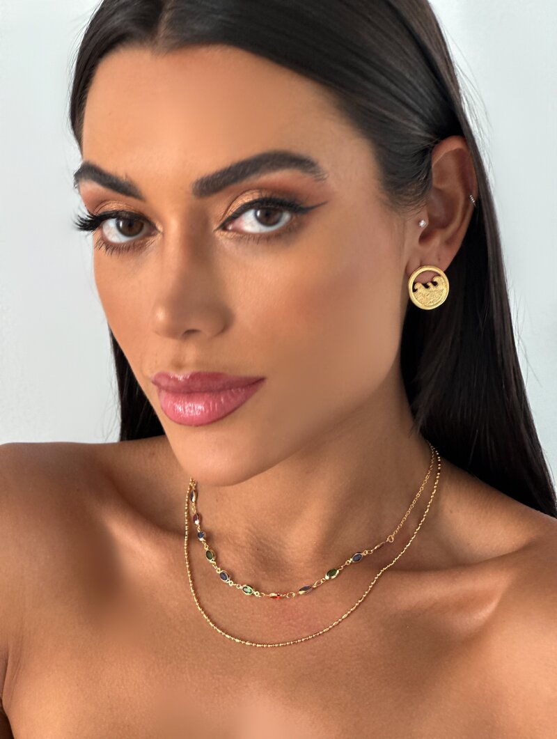 Colar Duplo Folheado a Ouro 18k Corrente com Zircônias Ovais Coloridas