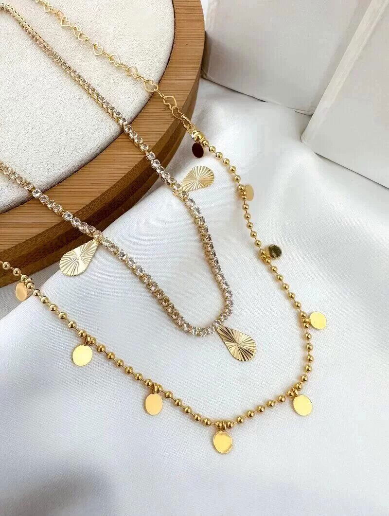 Colar Duplo Folheado a Ouro 18k Corrente de Micro Zircônias com Gotas Texturizadas