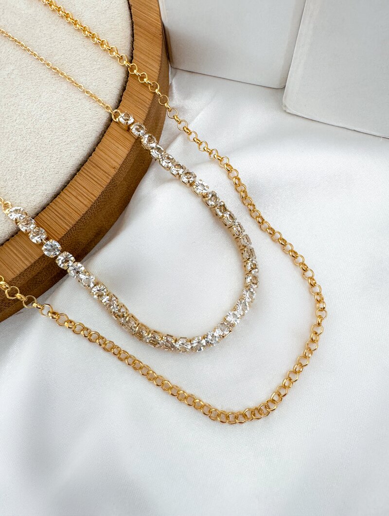 Colar Duplo Folheado a Ouro 18k Corrente de Zircônias com Elos