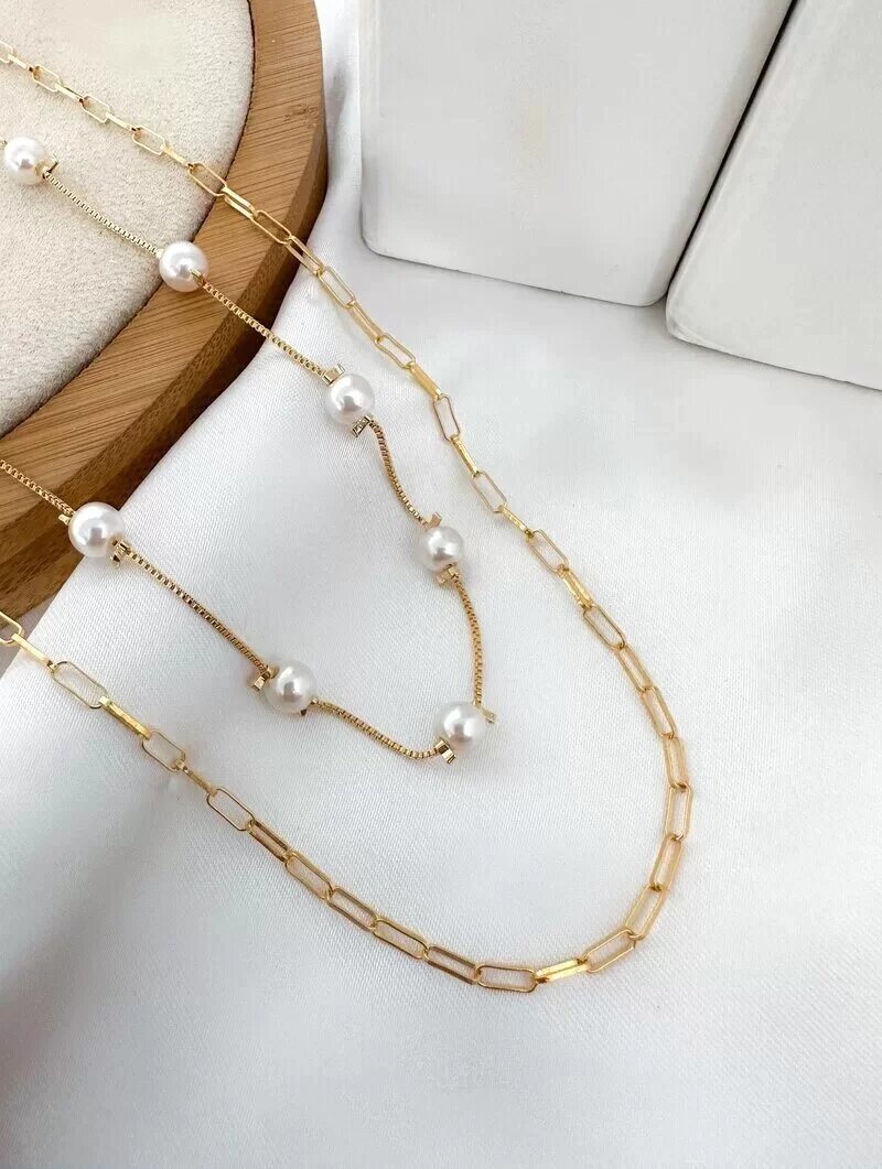 Colar Duplo Folheado a Ouro 18k Corrente Elos com Pérolas