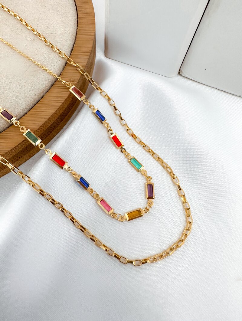 Colar Duplo Folheado a Ouro 18k Corrente Quadrada com Zircônias Coloridas
