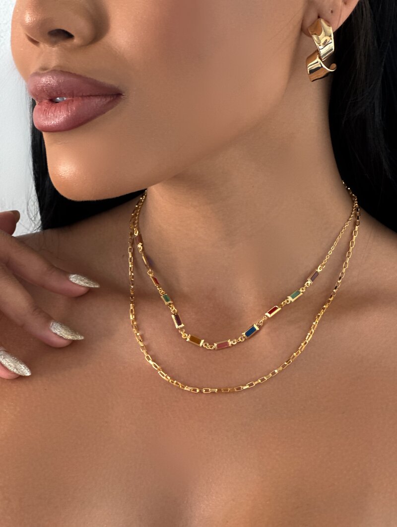 Colar Duplo Folheado a Ouro 18k Corrente Quadrada com Zircônias Coloridas