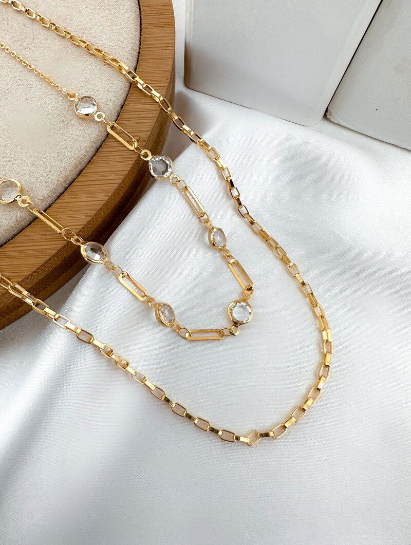 Colar Duplo Folheado a Ouro 18k Corrente Quadrada com Zircônias Cristais