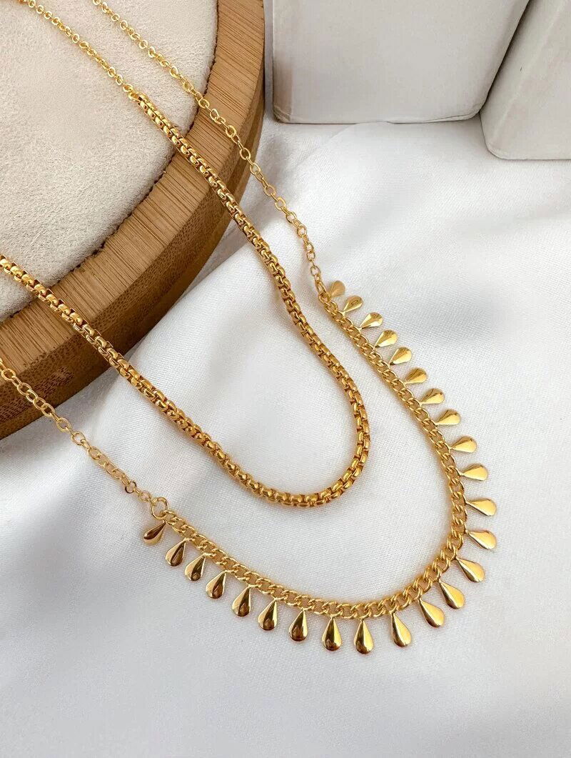 Colar Duplo Folheado a Ouro 18k Corrente Quadrada Fina com Gotas