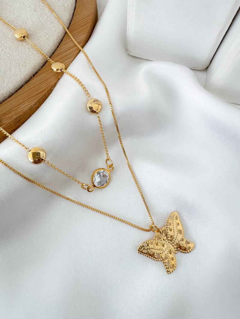 Colar Duplo Folheado a Ouro 18k Correntes Finas com Borboleta e Zircônia