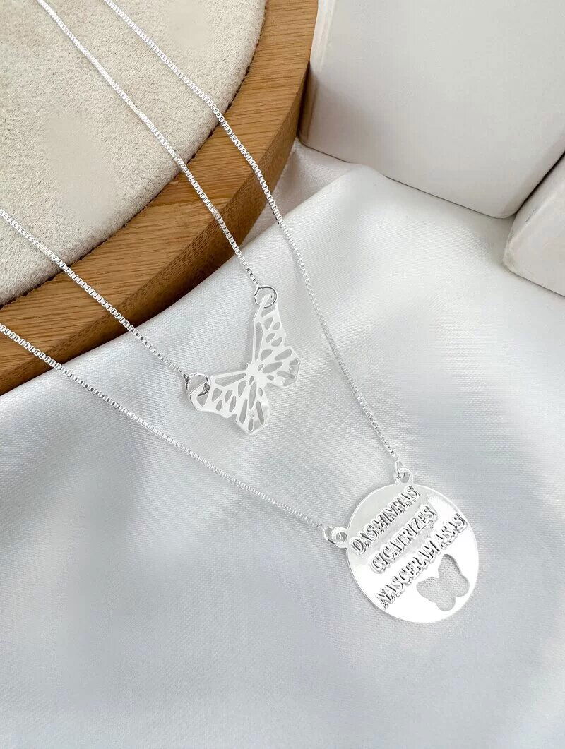 Colar Duplo Folheado a Ouro 18k e Prata 925 Borboleta Vazada com Plaquinha