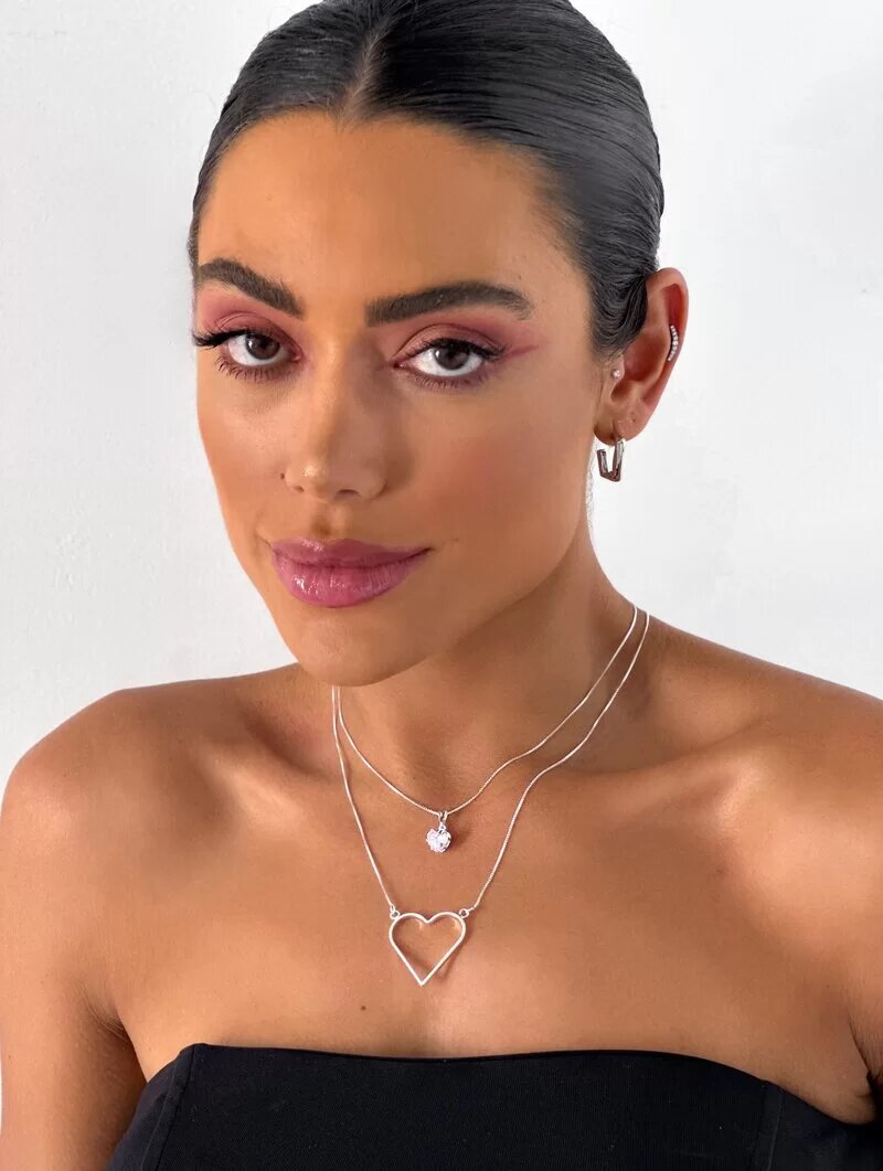 Colar Duplo Folheado a Ouro 18k e Prata 925 Coração Vazado com Zircônia