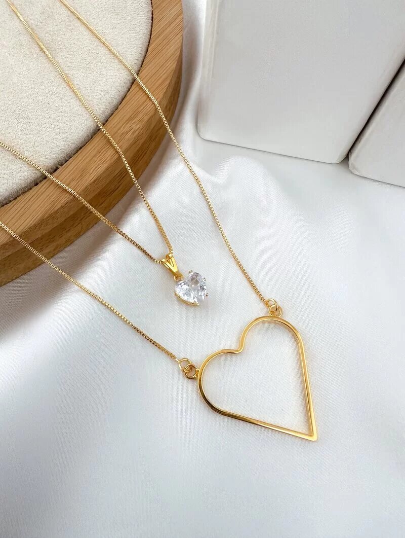 Colar Duplo Folheado a Ouro 18k e Prata 925 Coração Vazado com Zircônia
