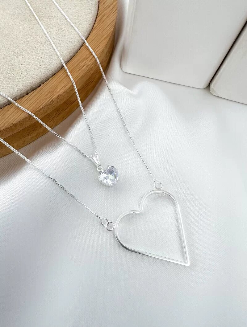 Colar Duplo Folheado a Ouro 18k e Prata 925 Coração Vazado com Zircônia