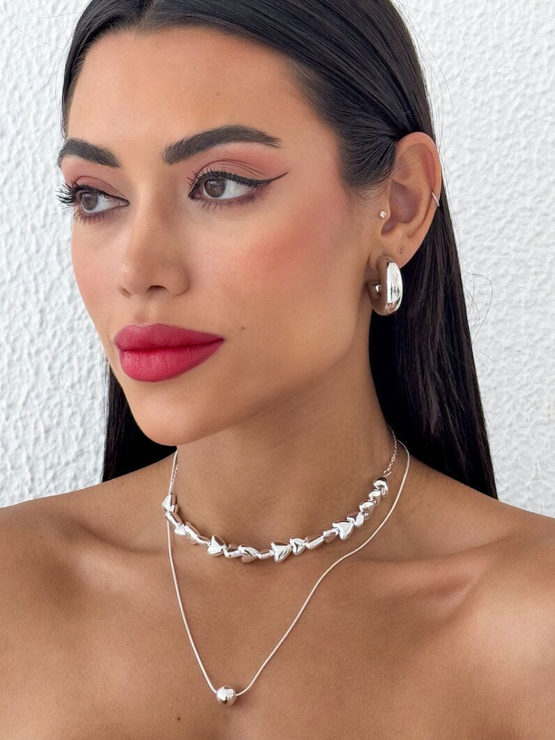 Colar Duplo Folheado a Ouro 18k e Prata 925 Corações e Esfera