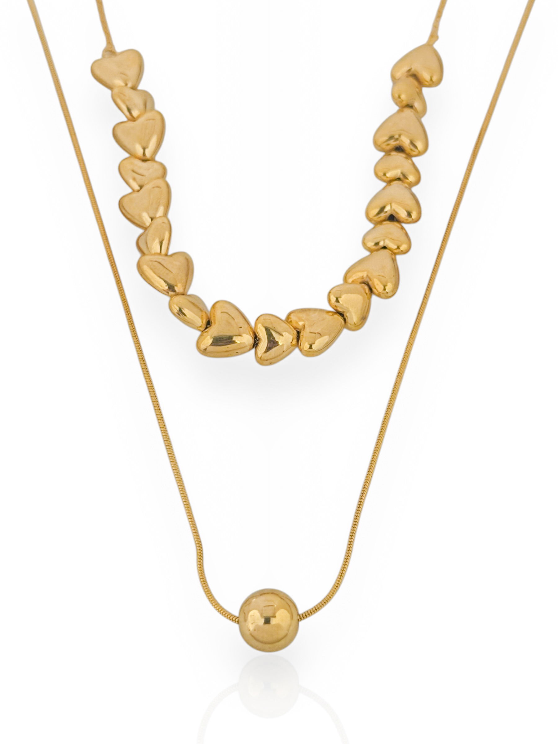 Colar Duplo Folheado a Ouro 18k e Prata 925 Corações e Esfera
