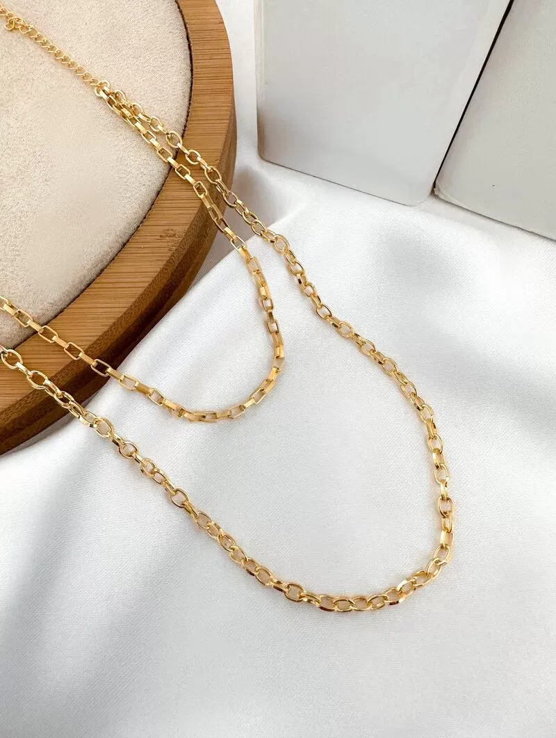 Colar Duplo Folheado a Ouro 18k e Prata 925 Corrente Quadrada e Elos Ovais