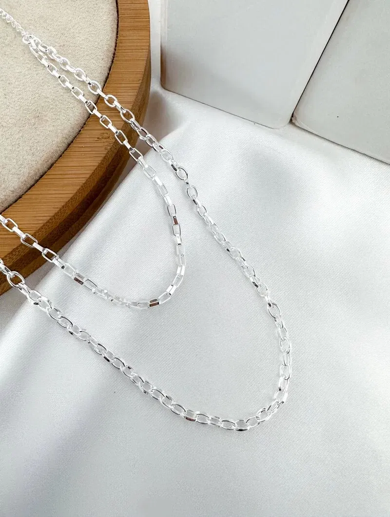 Colar Duplo Folheado a Ouro 18k e Prata 925 Corrente Quadrada e Elos Ovais