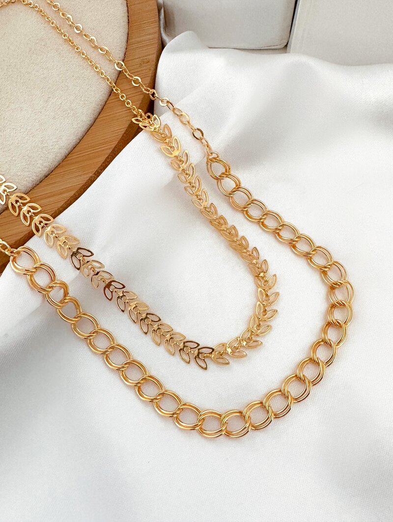Colar Duplo Folheado a Ouro 18k e Prata 925 Elos Duplo e Escamas