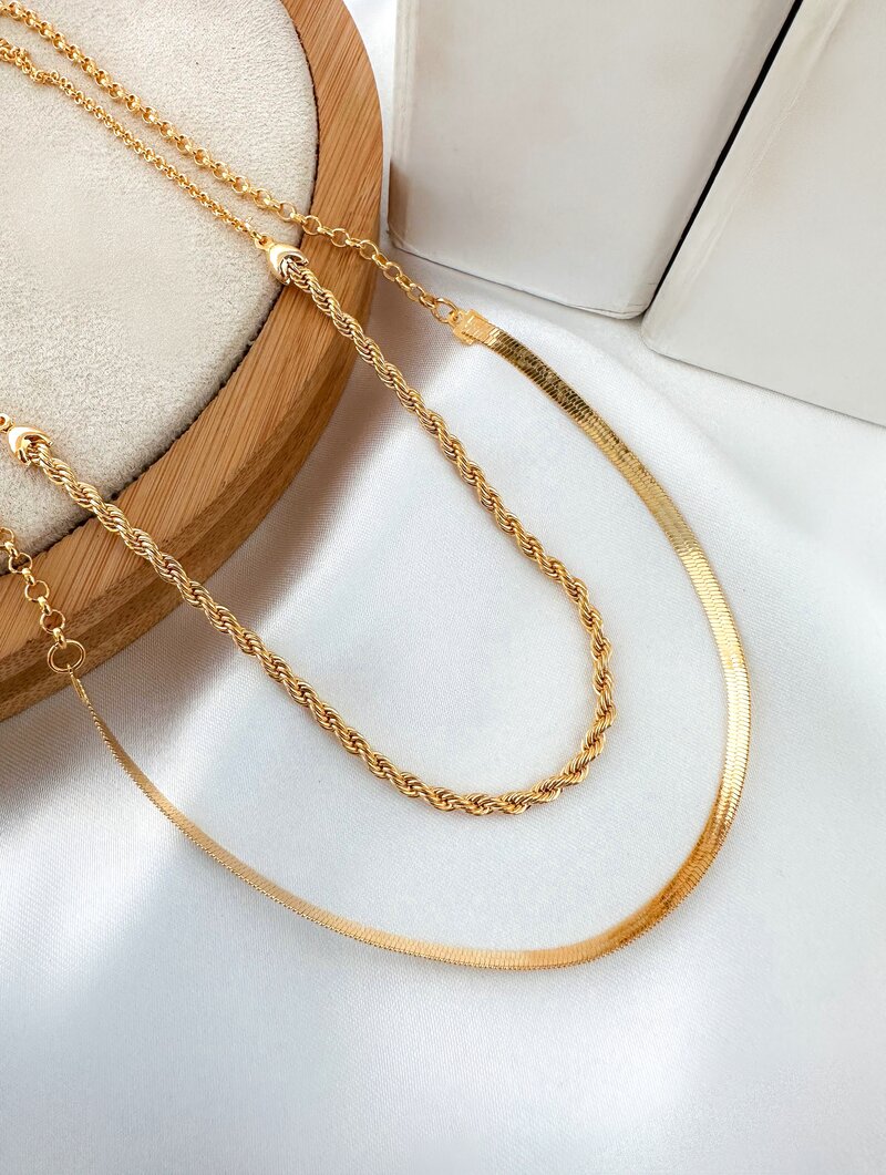 Colar Duplo Folheado a Ouro 18k e Prata 925 Fita Laminado e Cordão Baiano