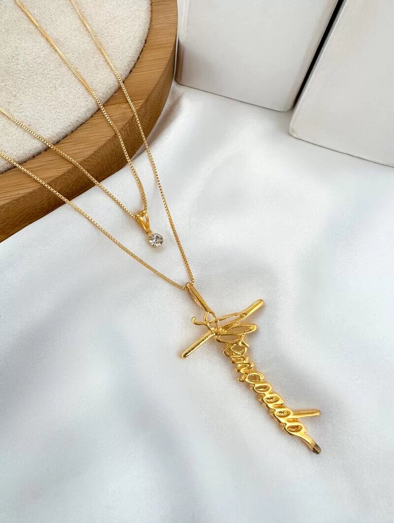 Colar Duplo Folheado a Ouro 18k e Prata 925 Ponto de Luz com Escrita ABENÇOADA