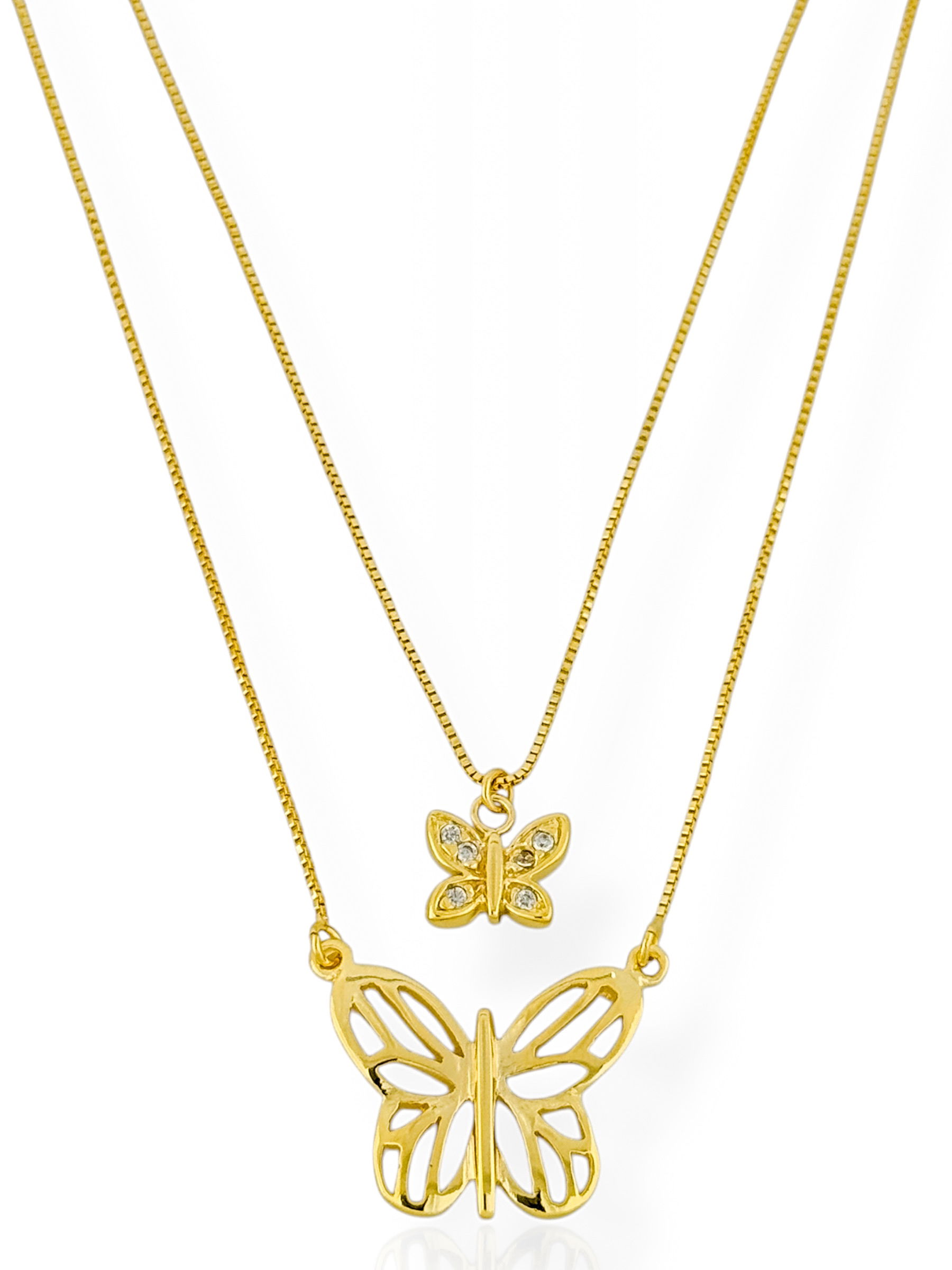 Colar Duplo Folheado a Ouro 18k e Prata Borboleta Cravejada e Vazada