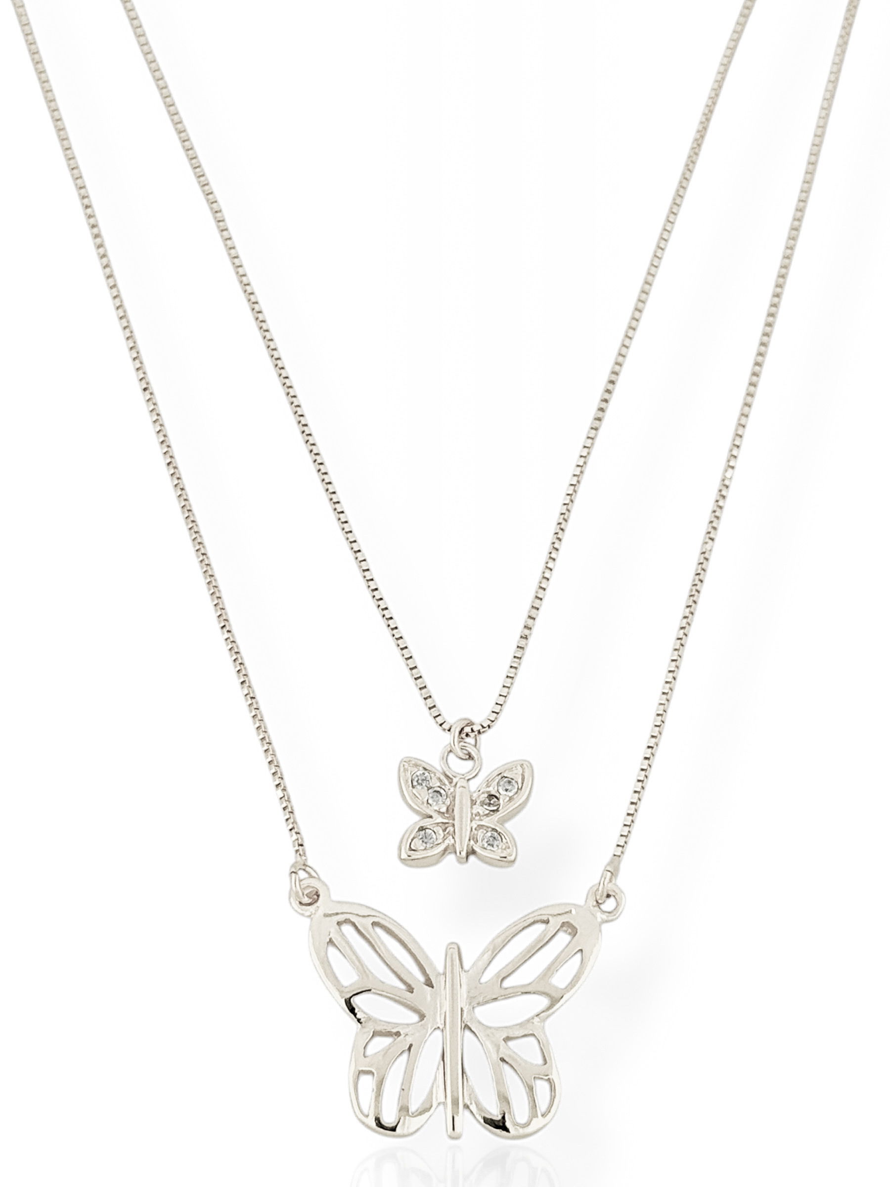 Colar Duplo Folheado a Ouro 18k e Prata Borboleta Cravejada e Vazada