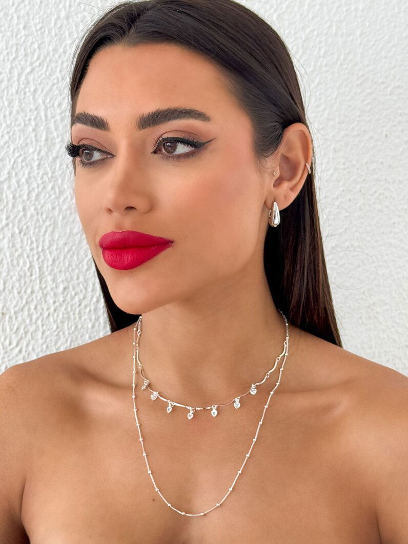 Colar Duplo Folheado a Ouro 18k e Prata Corações com Ponto de Luz