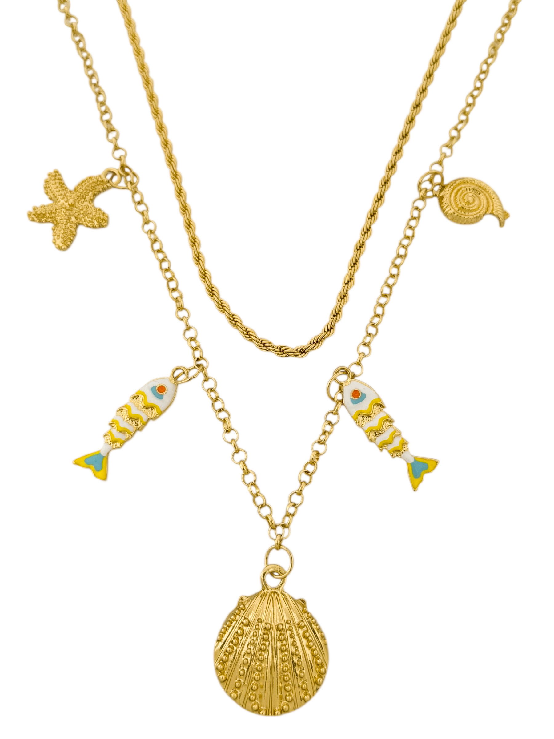 Colar Duplo Folheado a Ouro 18k e Prata Cordão baiano e Elementos Maritimos