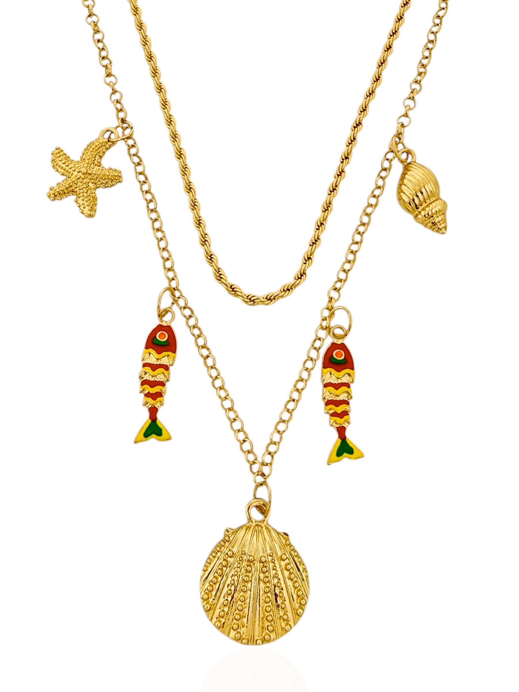 Colar Duplo Folheado a Ouro 18k e Prata Cordão baiano e Elementos Maritimos