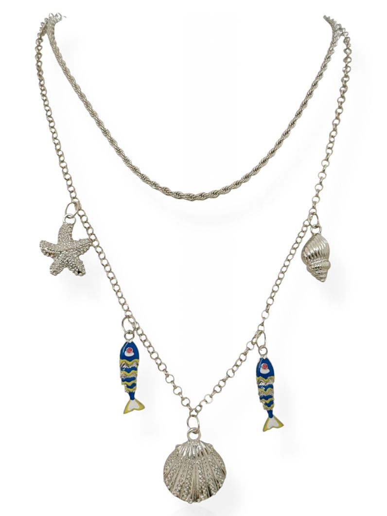 Colar Duplo Folheado a Ouro 18k e Prata Cordão baiano e Elementos Maritimos