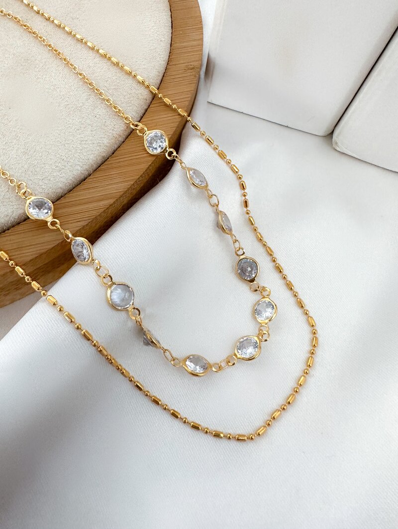 Colar Duplo Folheado a Ouro 18k e Prata Corrente com Zircônias Cristais