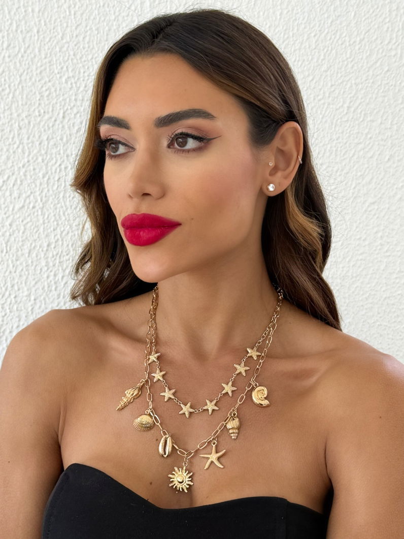 Colar Duplo Folheado a Ouro 18k e Prata Elos e Pingentes Fundo do Mar