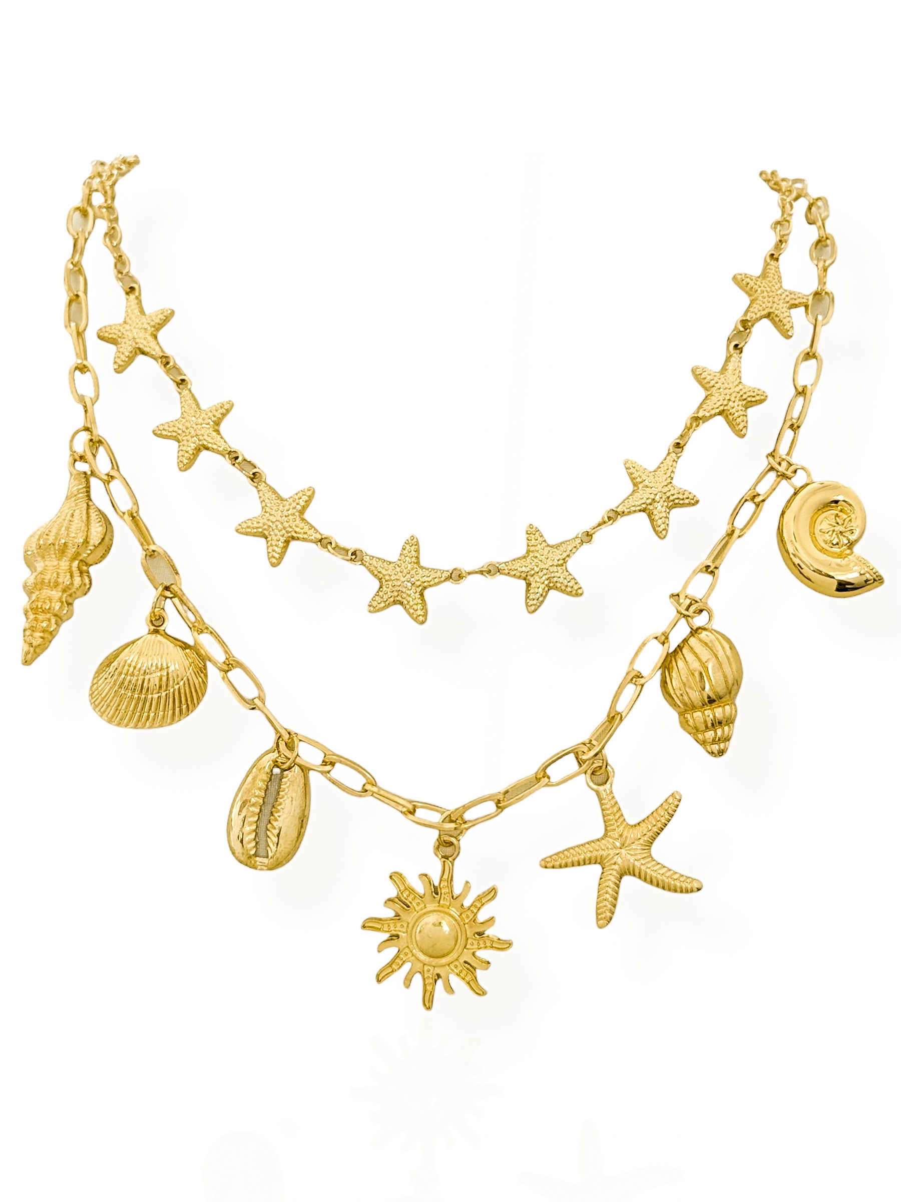 Colar Duplo Folheado a Ouro 18k e Prata Elos e Pingentes Fundo do Mar