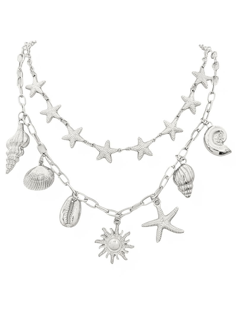 Colar Duplo Folheado a Ouro 18k e Prata Elos e Pingentes Fundo do Mar
