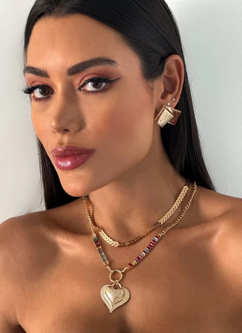 Colar Duplo Folheado a Ouro 18k e Prata Escamas com Navetes e Pingente de Coração