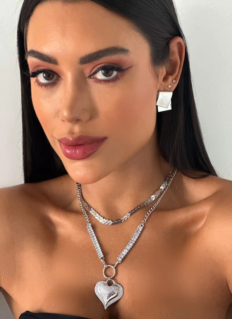 Colar Duplo Folheado a Ouro 18k e Prata Escamas com Navetes e Pingente de Coração