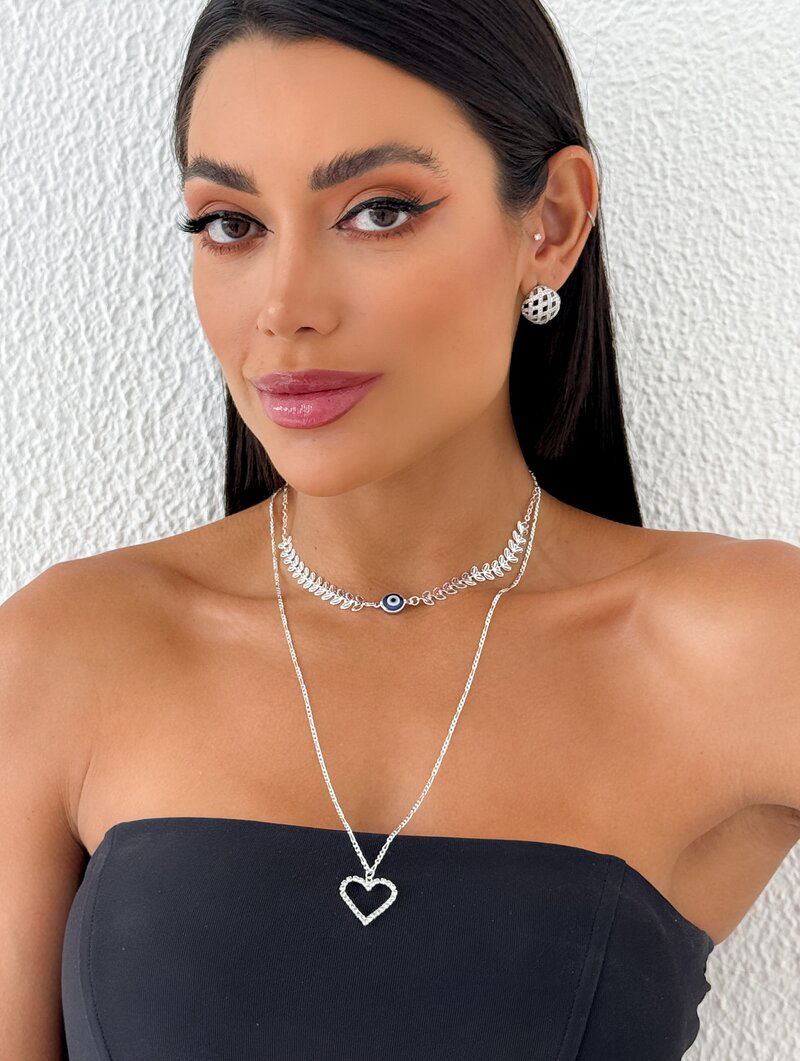 Colar Duplo Folheado a Ouro 18k e Prata Escamas Texturizadas com Coração Cravejado e Olho Grego