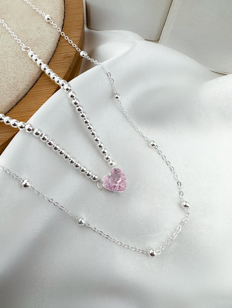 Colar Duplo Folheado a Ouro 18k e Prata Esferas com Coração de Zircônia