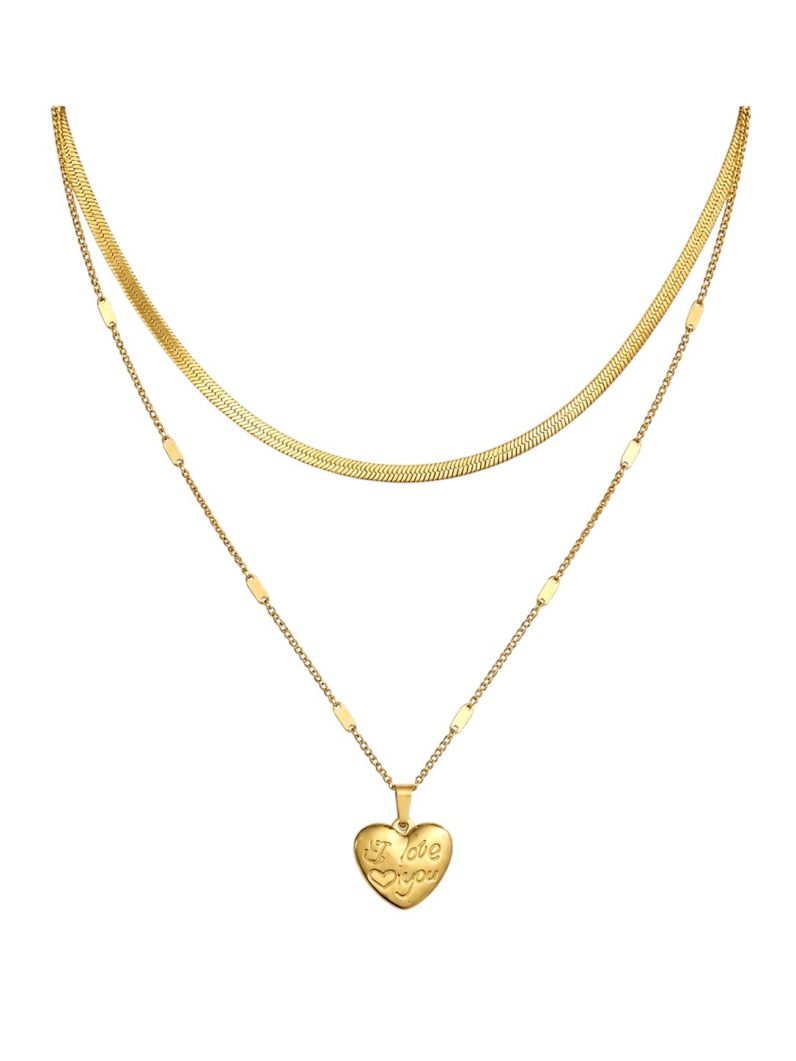 Colar Duplo Folheado a Ouro 18k e Prata Fita Laminada e Coração