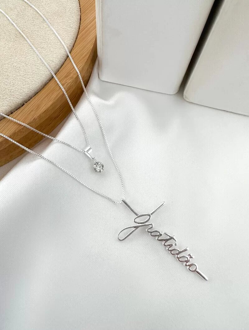 Colar Duplo Folheado a Ouro 18k e Prata Gratidão com Ponto de Luz
