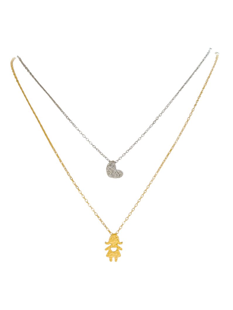 Colar Duplo Folheado a Ouro 18k e Prata MIx Banho Coração e Criança