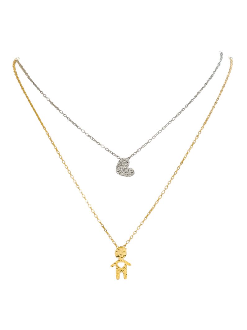 Colar Duplo Folheado a Ouro 18k e Prata MIx Banho Coração e Criança