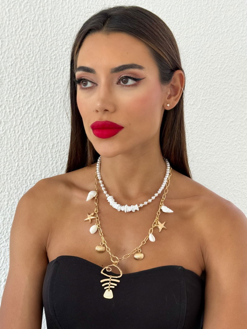 Colar Duplo Folheado a Ouro 18k e Prata Perolas e Conchas